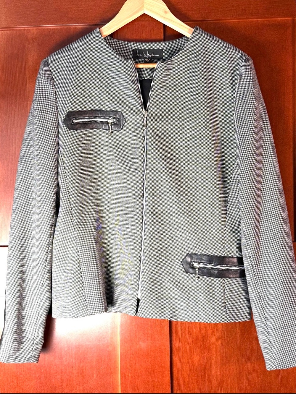 Nicole Miller New York Size 10 Wool Blend Leather Trim Zip Jacket Made USA